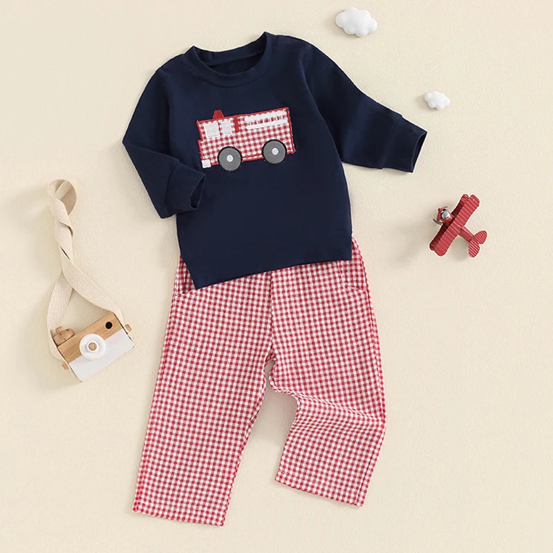 Boys Firetruck Embroidered Long Sleeve Outfit