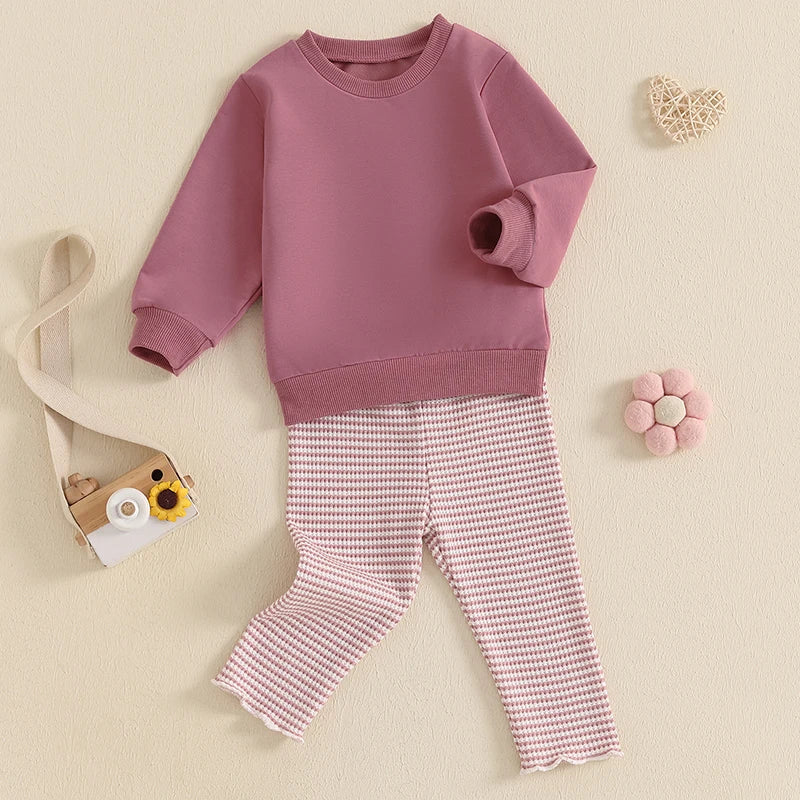 Girls Sweatshirt Waffle Knit Striped Pant Set