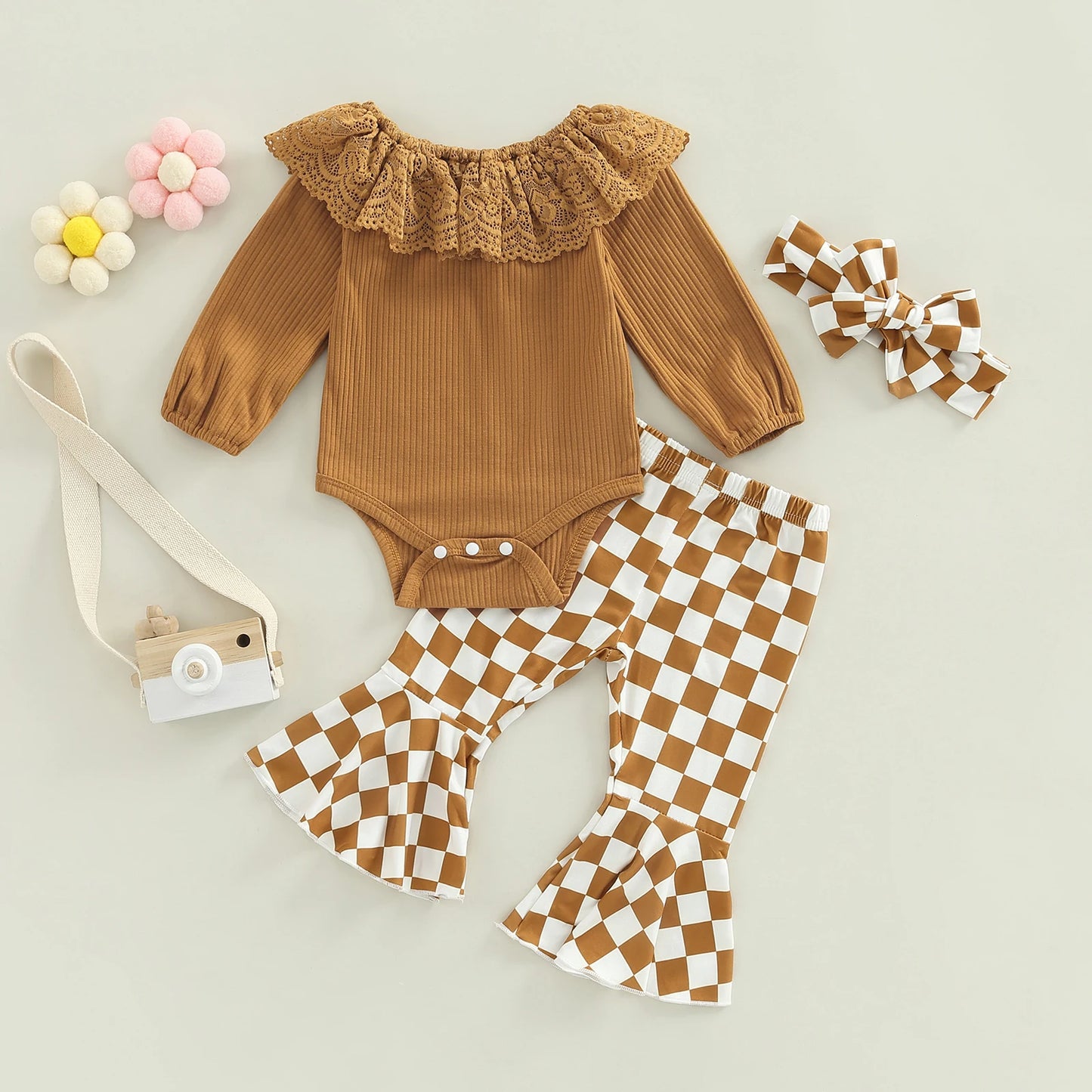 Girls Ribbed Lace Collar Top Checkerboard Flare Pant Bow Set
