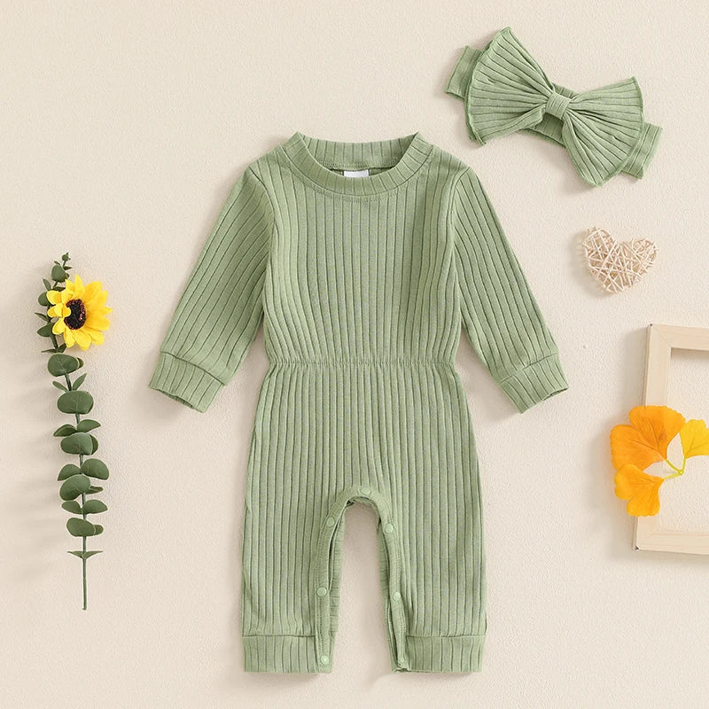 Girls Ribbed Jumpsuit Bow Headband Set