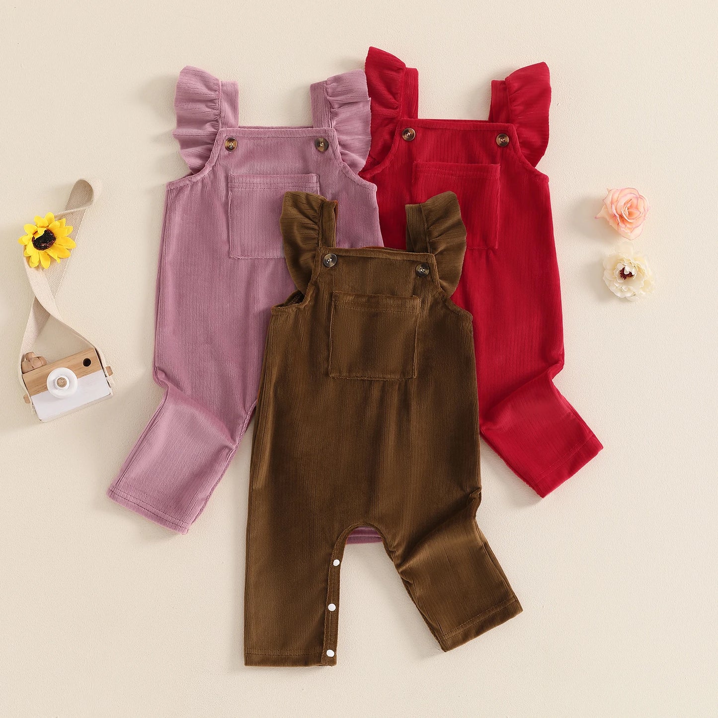 Girls Corduroy Ruffle Overalls Romper
