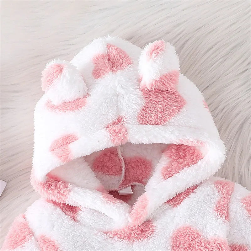 Girls Heart Print Plush Fleece Hoodie Pant Set
