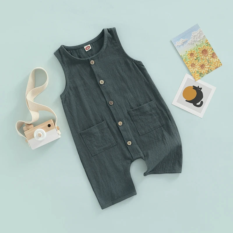 Sleeveless Pocket Button Romper, Unisex