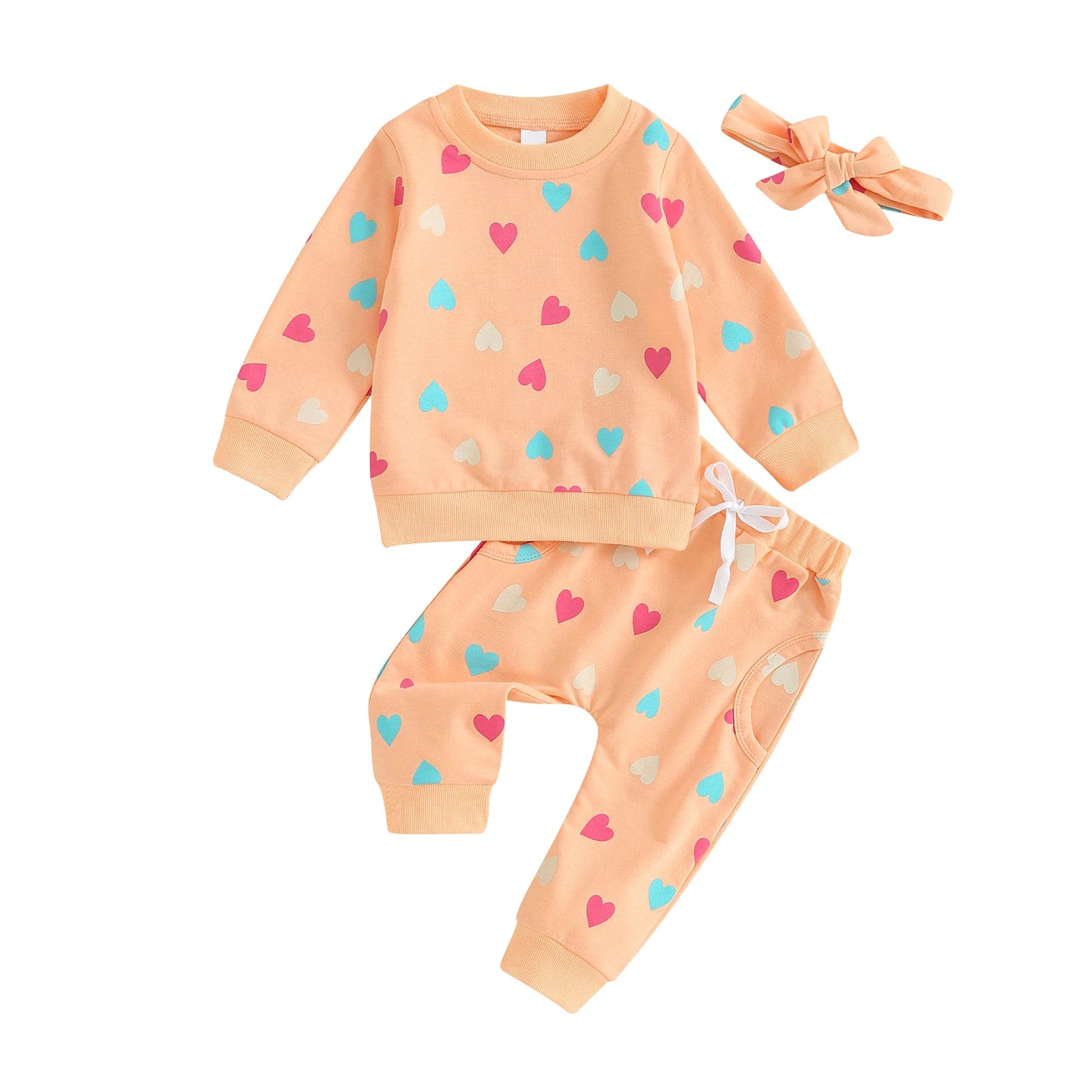 Girls Heart Print Sweatshirt Pant Bow Set