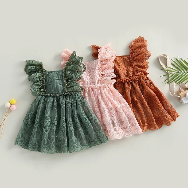 Girls Fall Mesh Lace Ruffle Dress