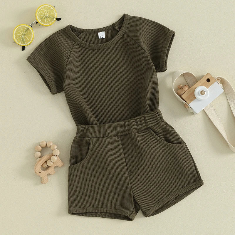 Boys Waffle Knit Earthtone Shirt Shorts Set
