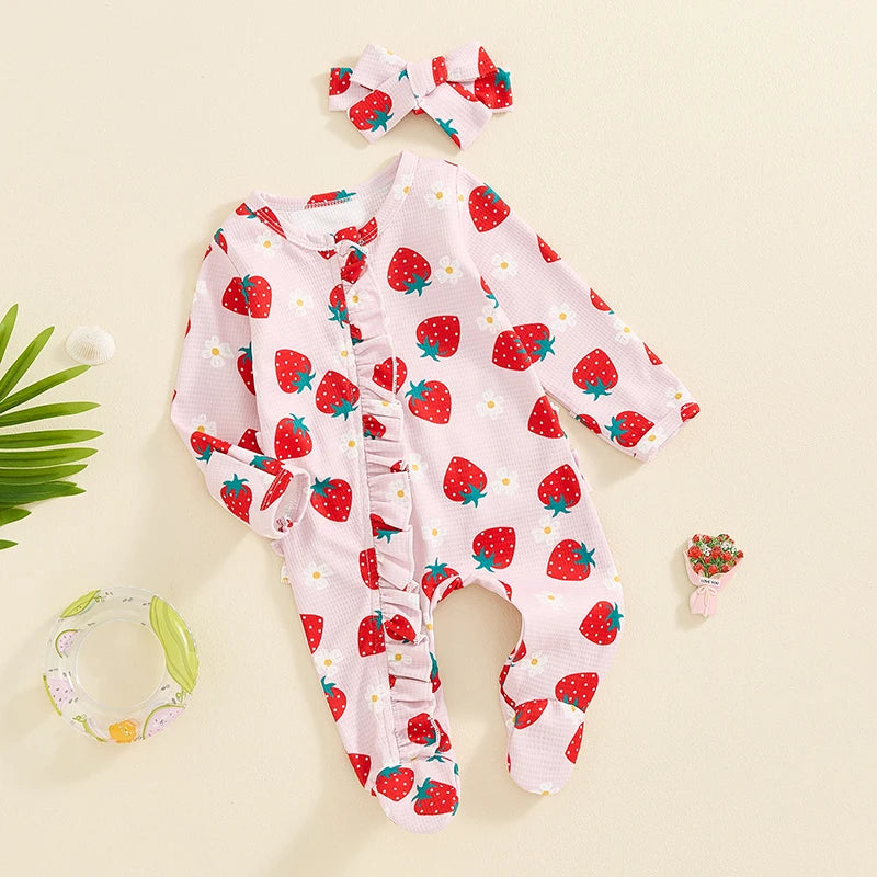 Baby Girls Flower Print Ruffled Zip Footie Pajamas Bow Set