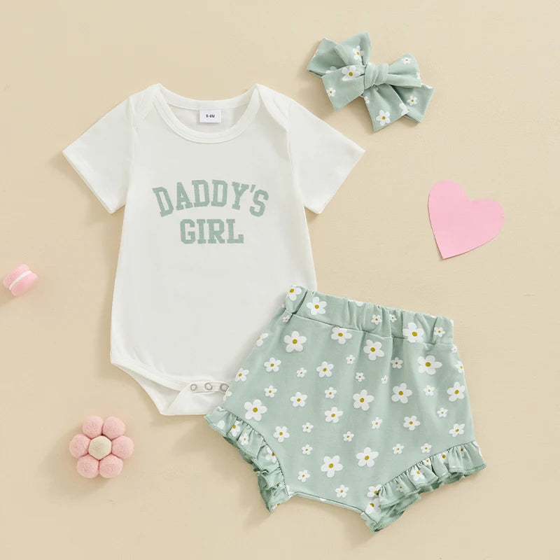 Girls Daddy's Girl Print Onesie Floral Short Bow Set