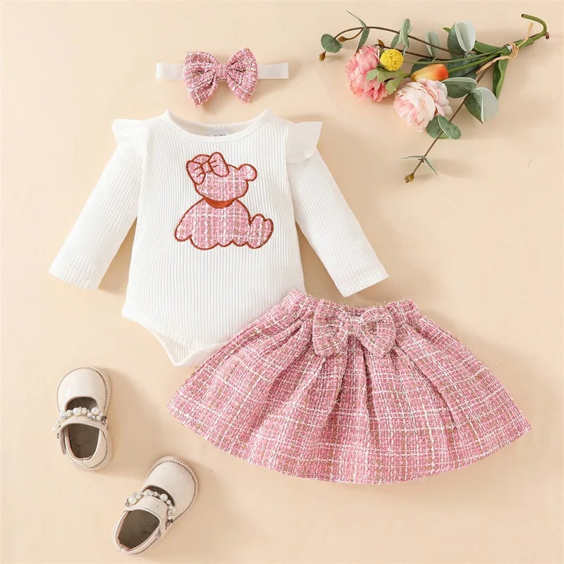 Girls Embroidered Bear Ruffle Sleeve Top Plaid Skirt Bow Set