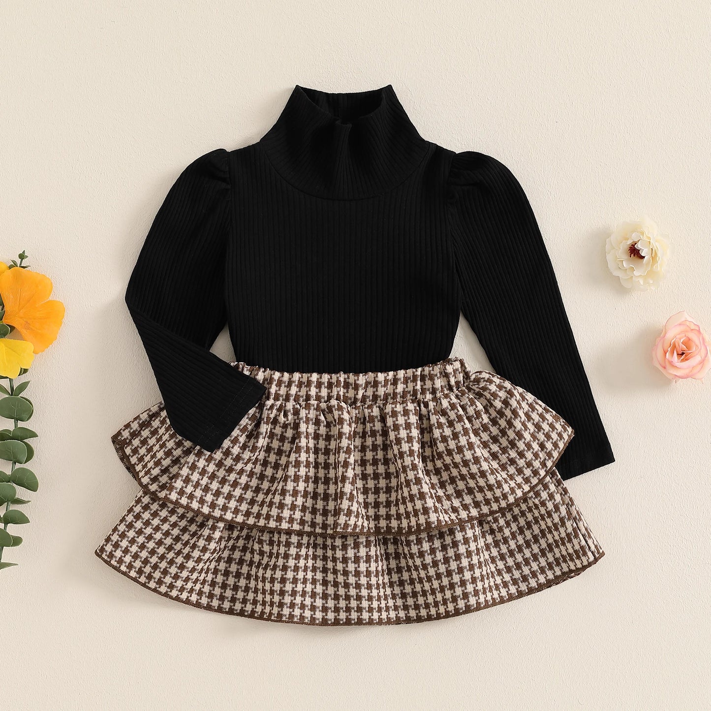 Girls Ribbed Turtleneck Top Houndstooth Layered Skirt Set