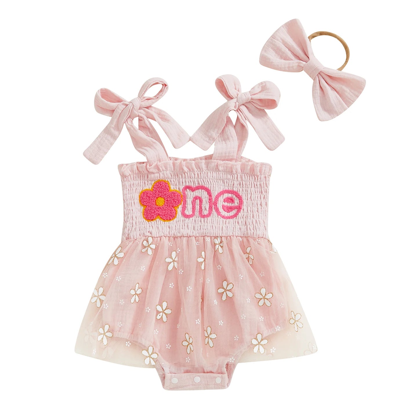 Girls "One" First Birthday Dress Bow Set