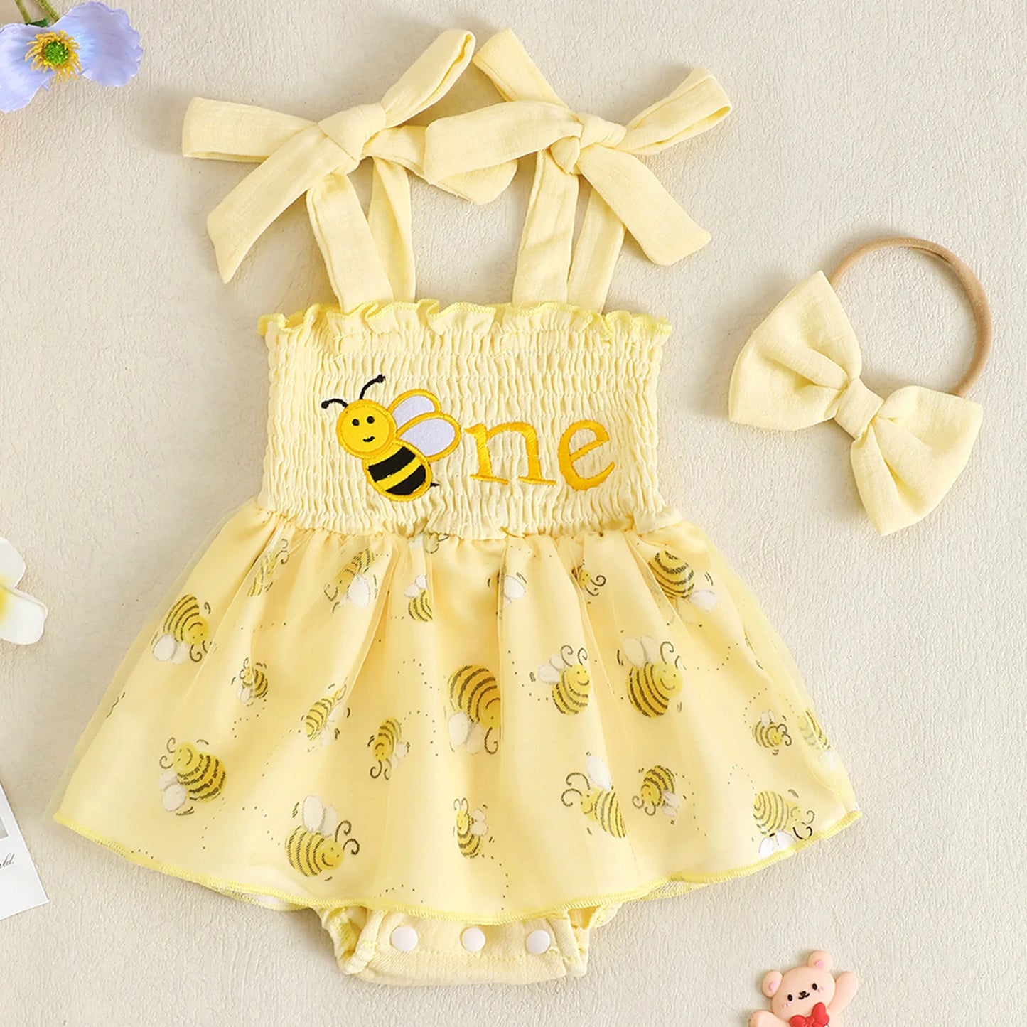 Girls "One" First Birthday Dress Bow Set