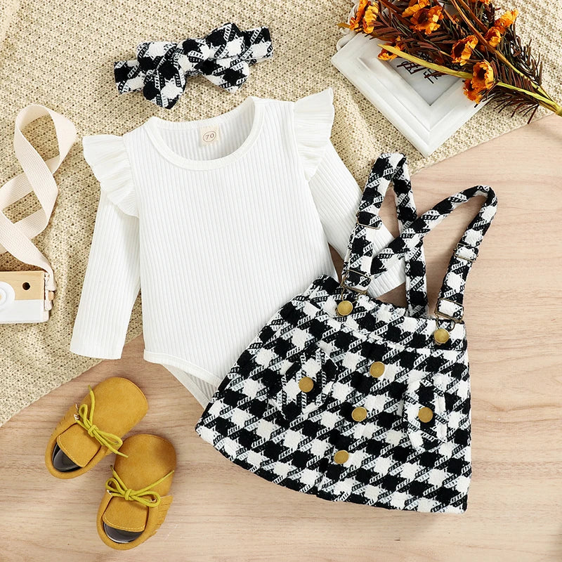 Girls Ruffled Romper, Houndstooth/Plaid Skirt, Bow Set