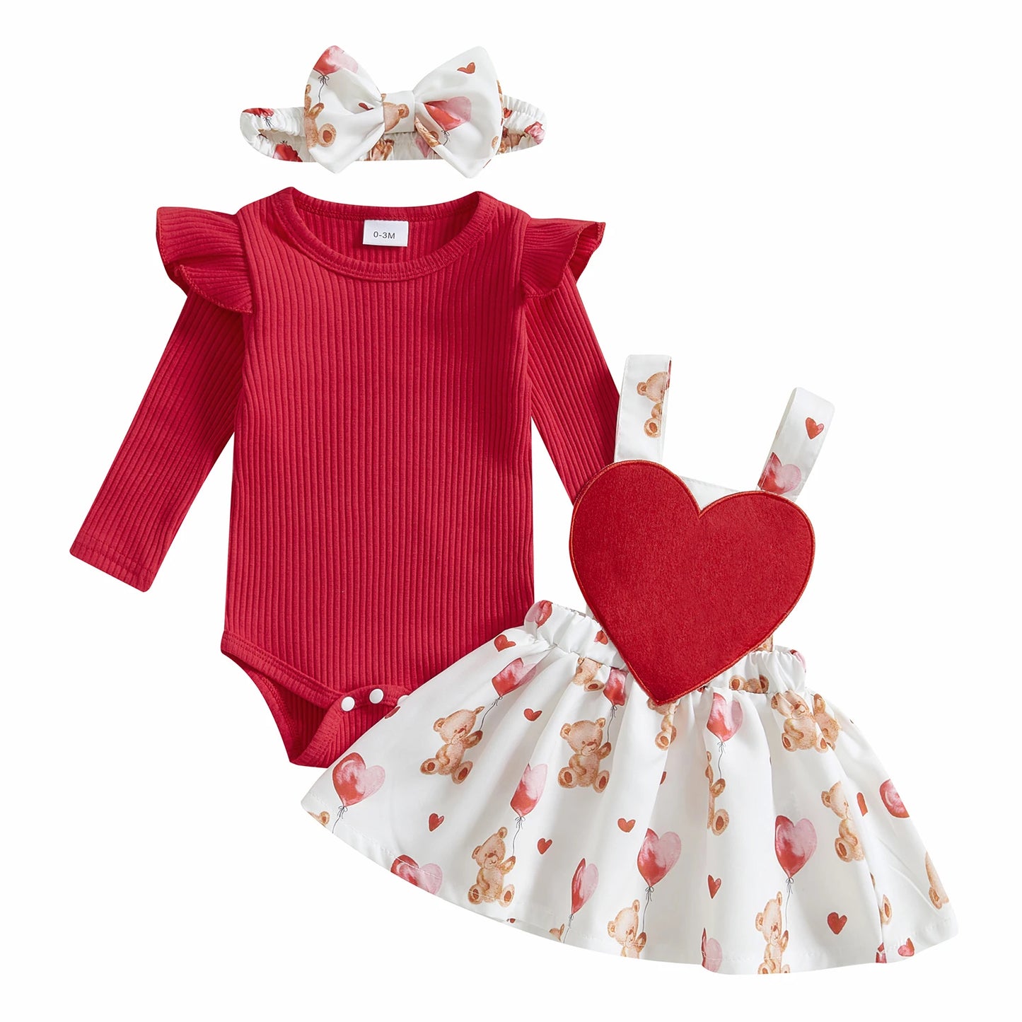 Girls Ribbed Ruffle Sleeve Heart Bear or Bow Print Suspender Skirt Bow Set