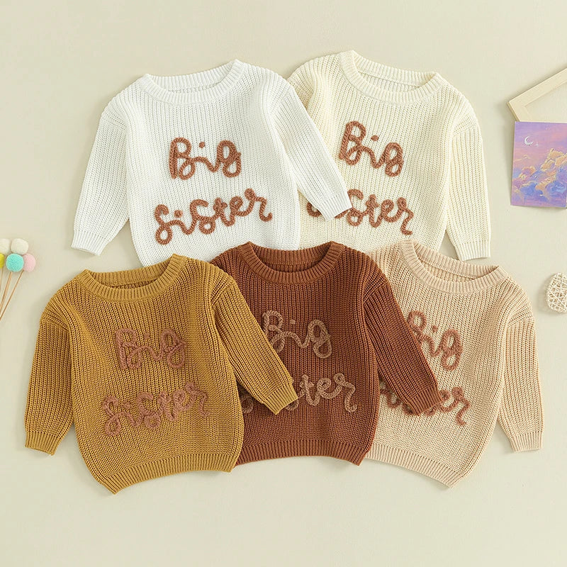 Girls Embroidered Big Sister Script Knit Sweater
