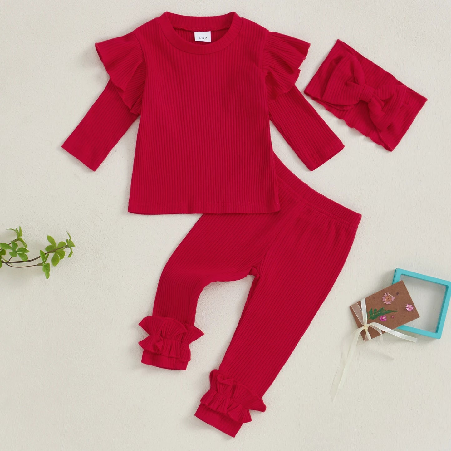 Girls Ribbed Ruffle Trim Top Pant Bow Headband Set