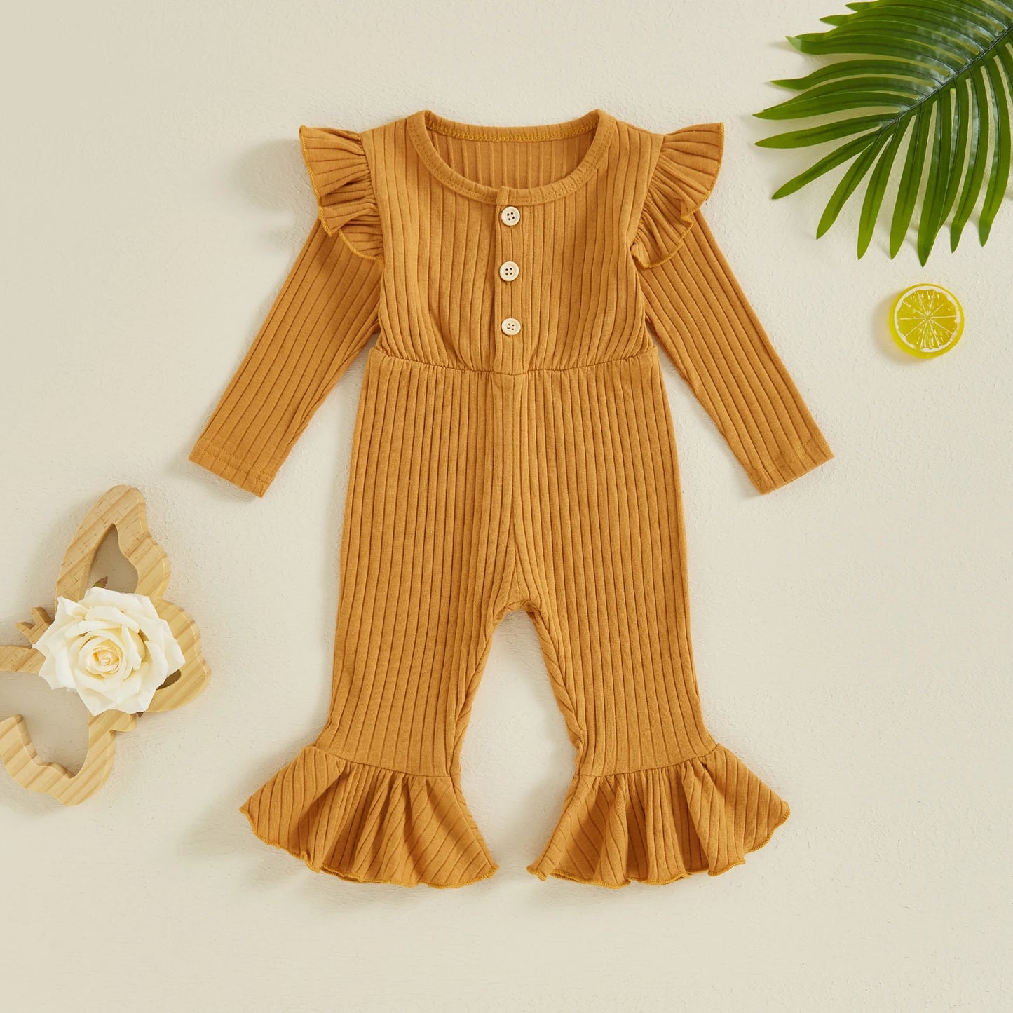 Girls Fall Ribbed Flare Jumpsuits
