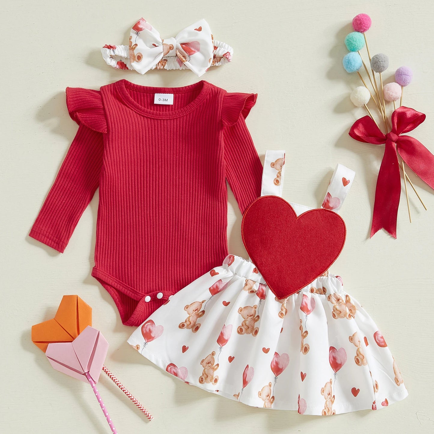 Girls Ribbed Ruffle Sleeve Heart Bear or Bow Print Suspender Skirt Bow Set