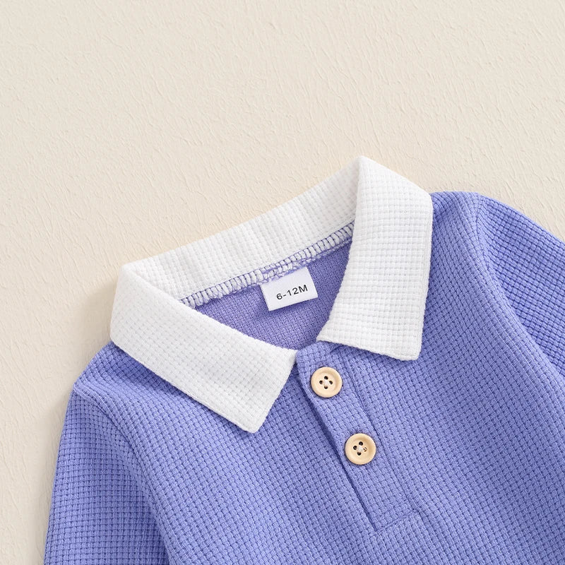 Boys Waffle Knit Collared Top Pant Set