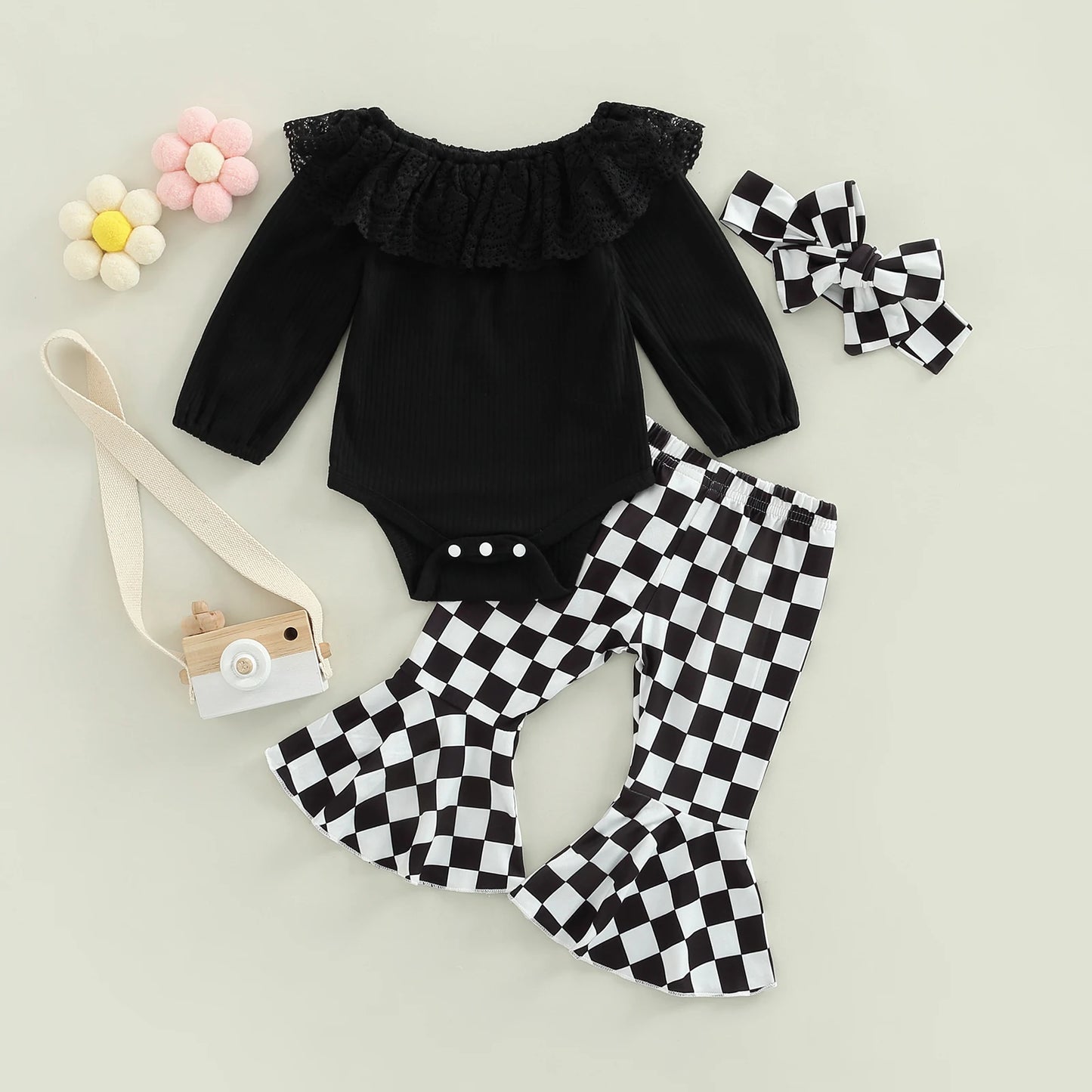 Girls Ribbed Lace Collar Top Checkerboard Flare Pant Bow Set