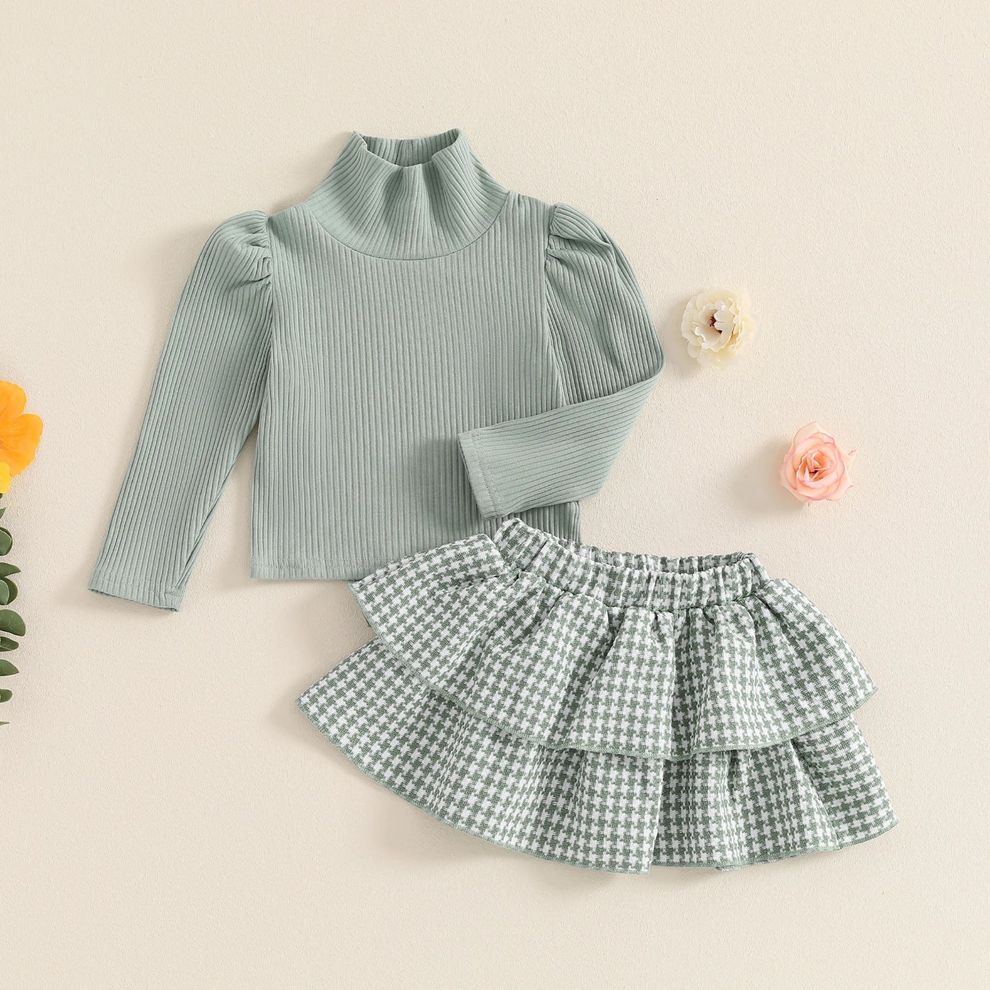 Girls Ribbed Turtleneck Top Houndstooth Layered Skirt Set
