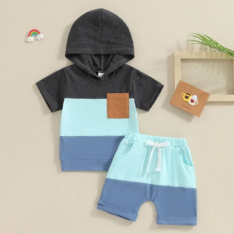 Boys Contrast Color Short Sleeve Pocket Hoodie Short Set