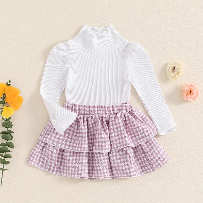 Girls Ribbed Turtleneck Top Houndstooth Layered Skirt Set