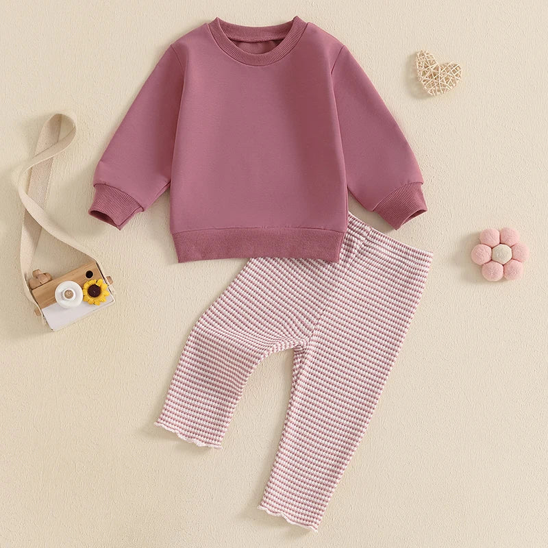 Girls Sweatshirt Waffle Knit Striped Pant Set