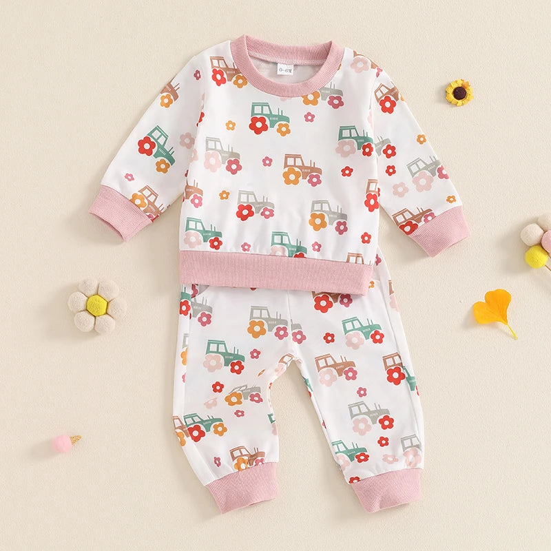 Girls Floral Tractor Print Top Pant Set