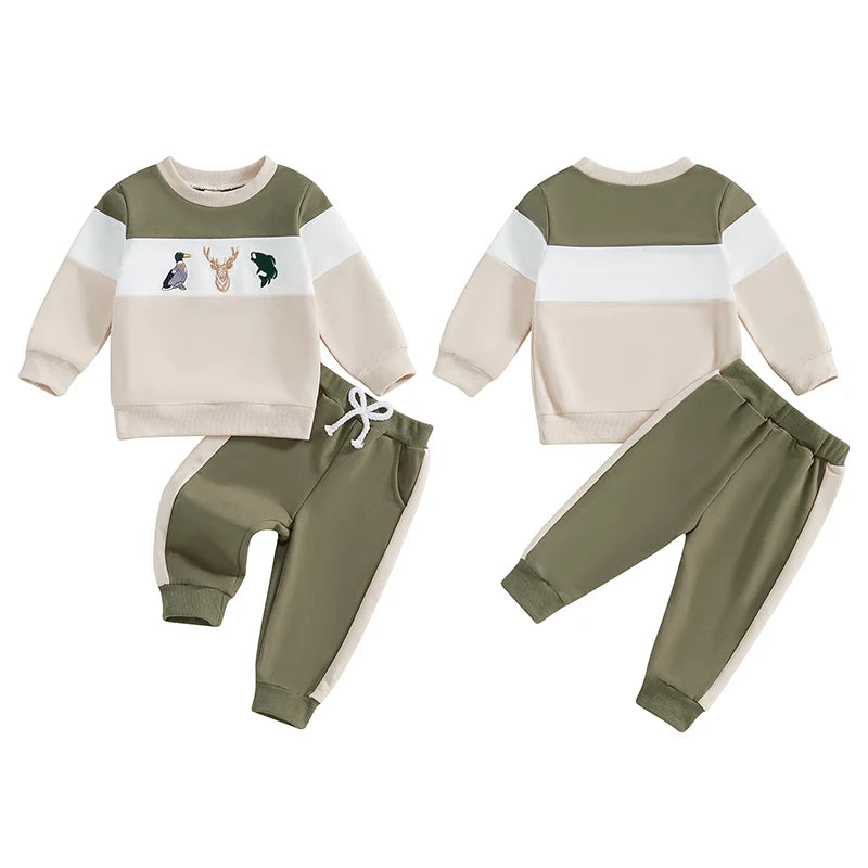 Boys Embroidered Duck/Deer/Fish Sweatshirt Pant Set