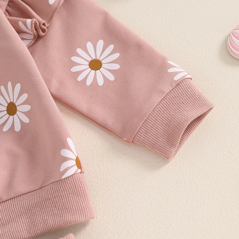 Girls Ruffle Shoulder Daisy Print Sweatshirt Pant Set