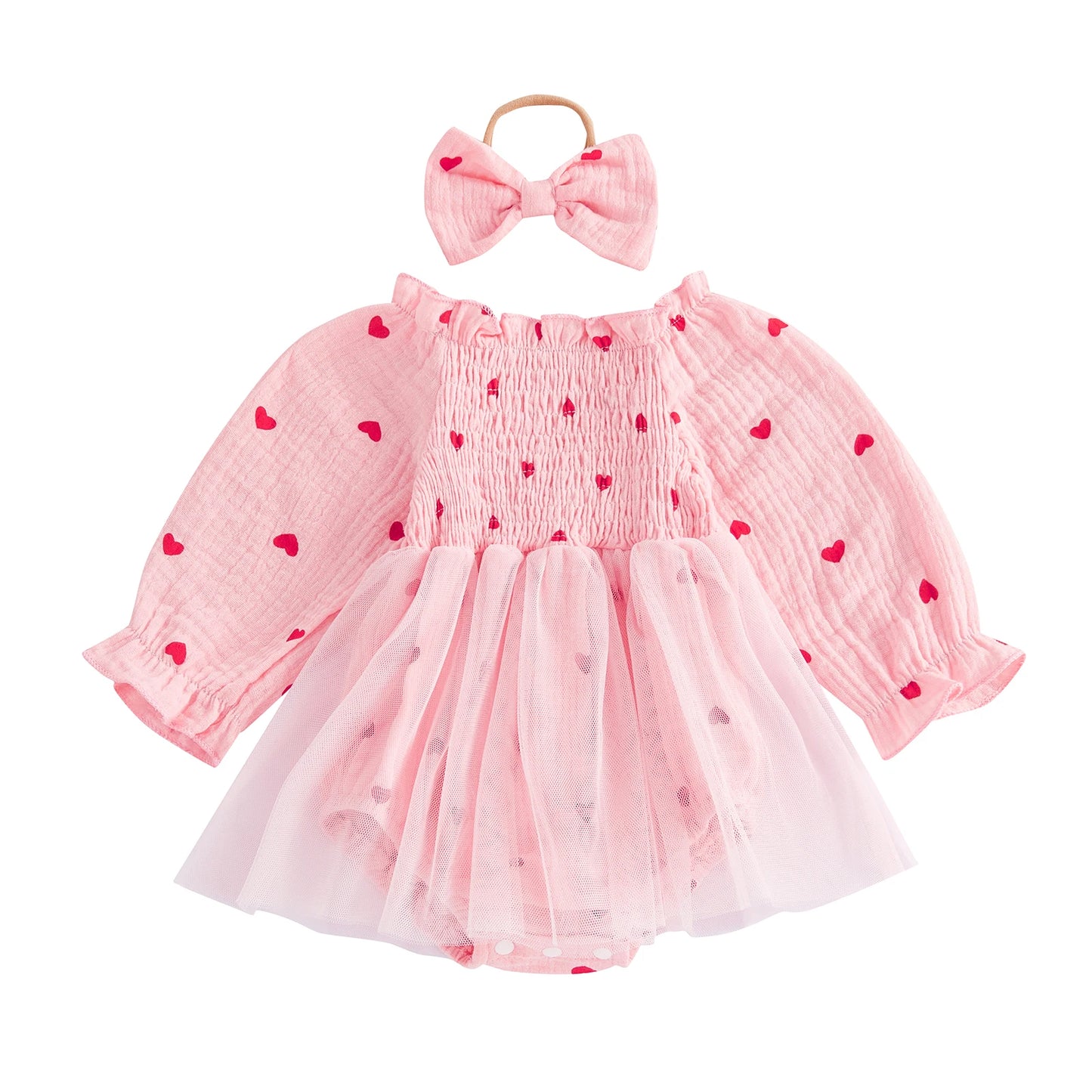 Girls Heart Print Tulle Dress Bow Set