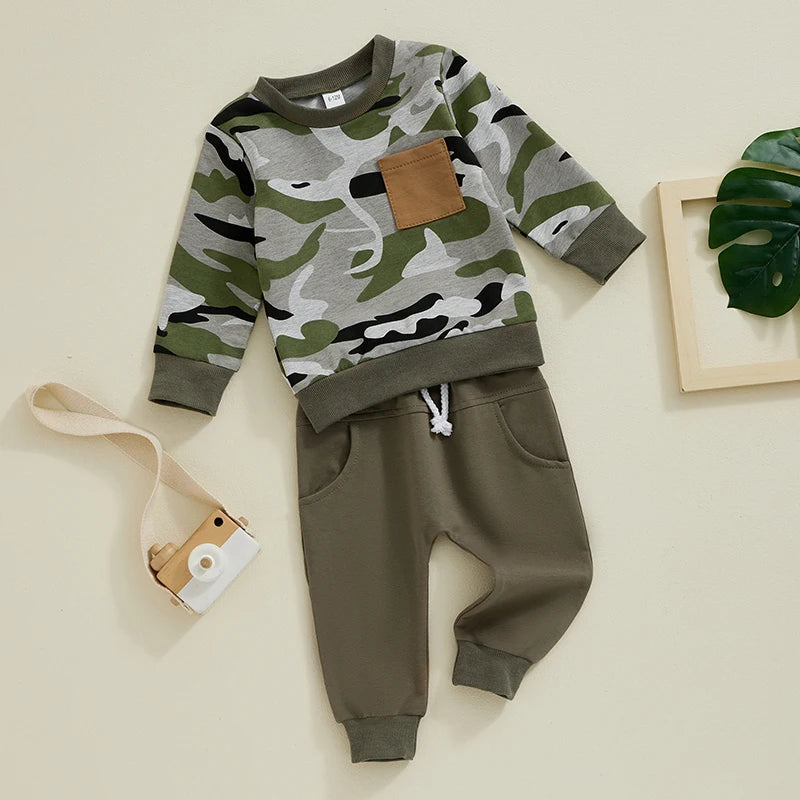 Boys Camouflage Print Patch Pocket Sweatshirt Pant Set