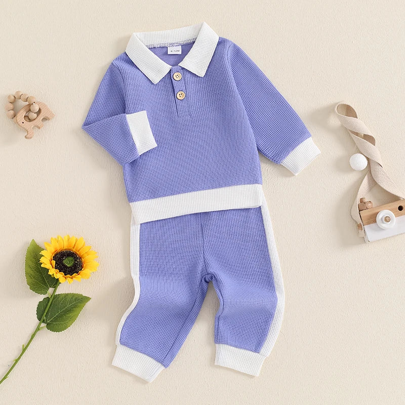 Boys Waffle Knit Collared Top Pant Set
