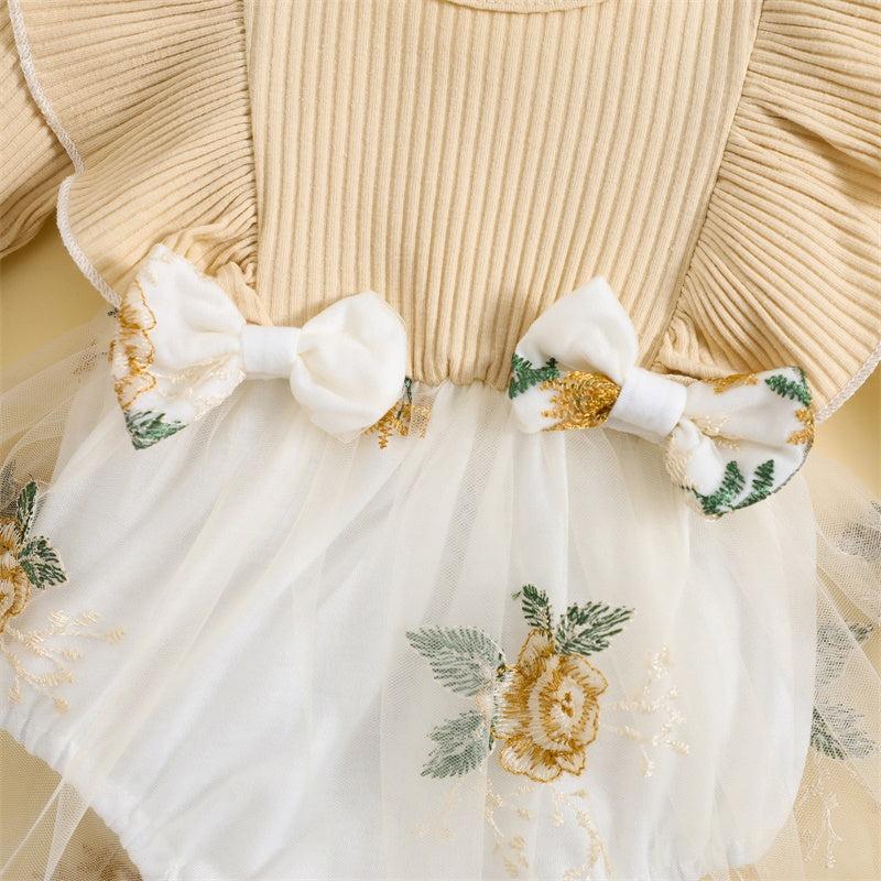 Girls Flying Sleeve Embroidered Flower Dress Bow Set