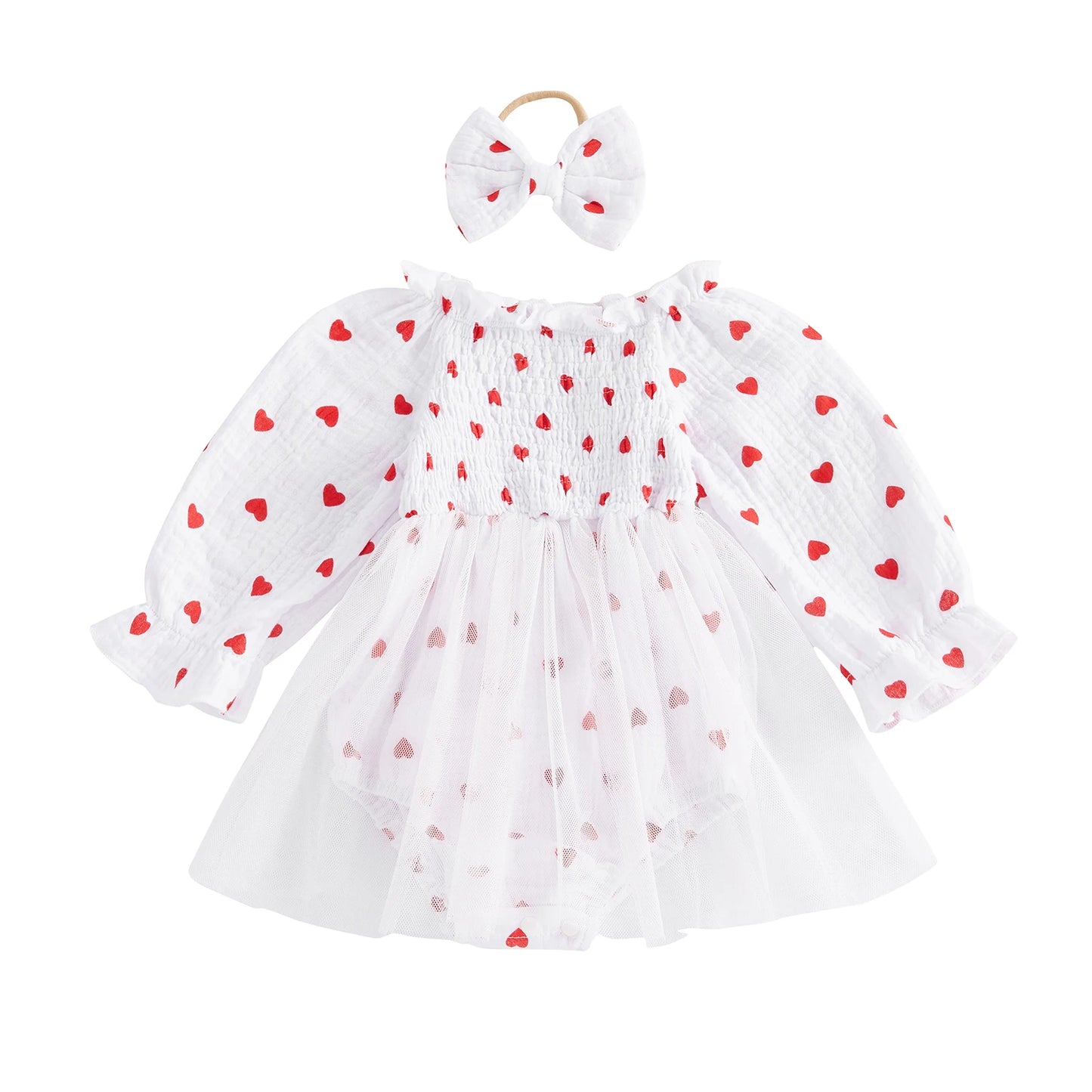 Girls Heart Print Tulle Dress Bow Set