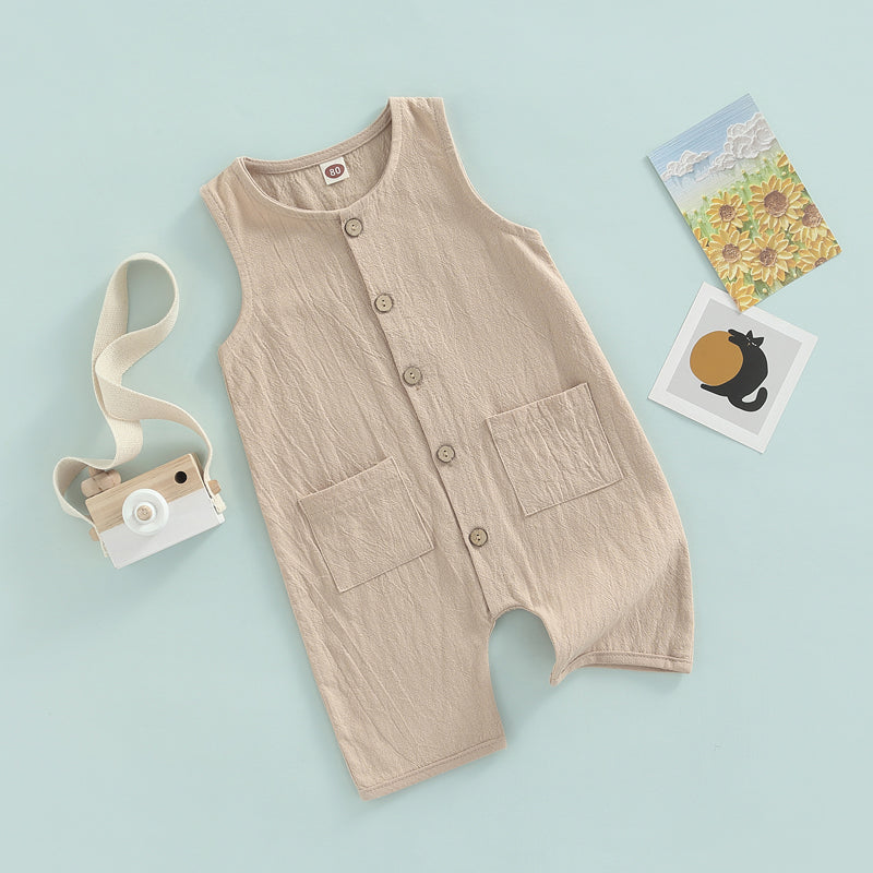 Sleeveless Pocket Button Romper, Unisex