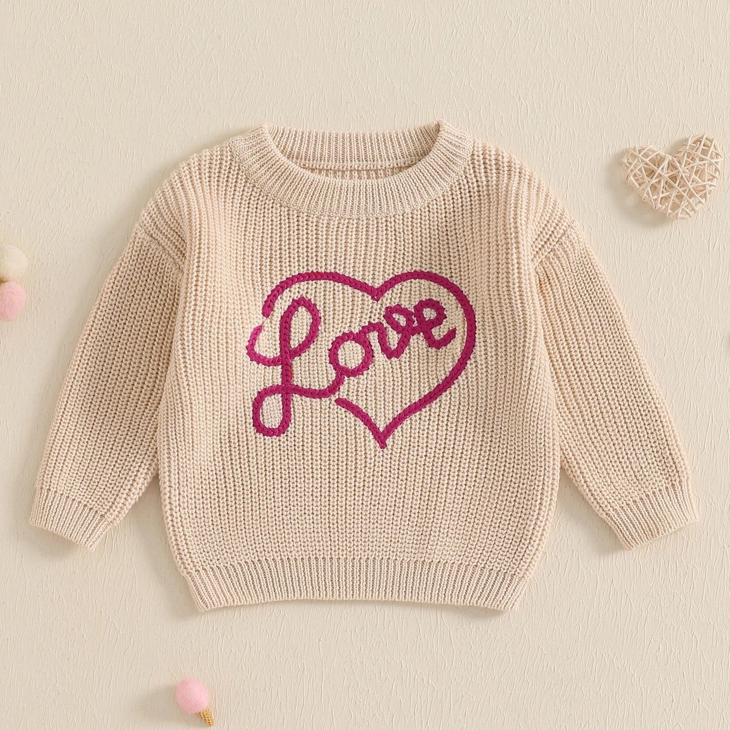 Girls Embroidered Love Script Knit Sweater