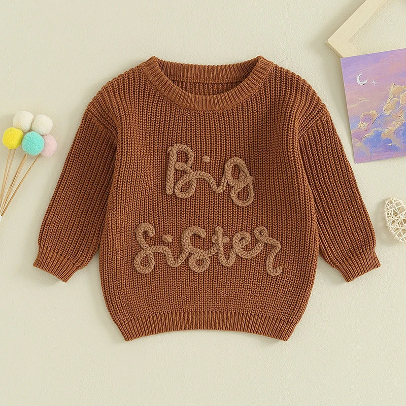 Girls Embroidered Big Sister Script Knit Sweater