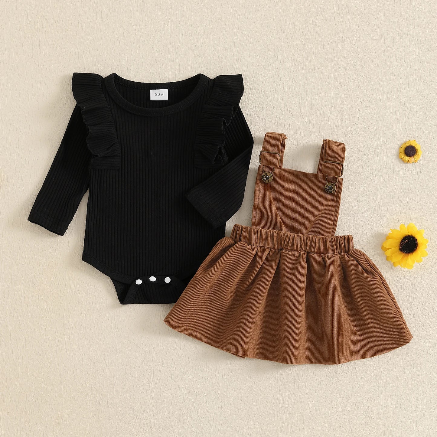 Girls Ribbed Ruffle Top Corduroy Suspender Dress Set