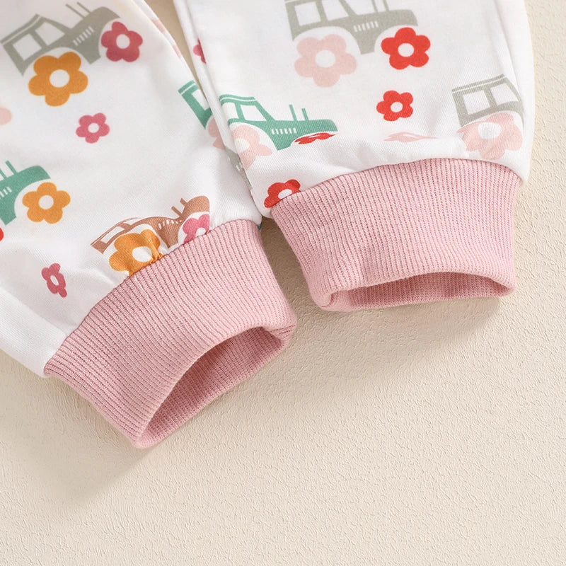 Girls Floral Tractor Print Top Pant Set