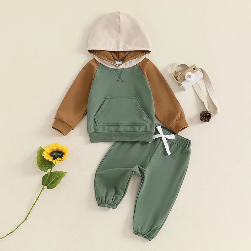 Boys Fall Color Contrast Hoodie Pant Set