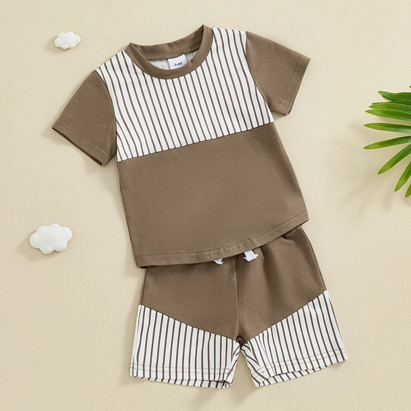 Boys Casual Striped Print Patchwork Shirt Shorts Set
