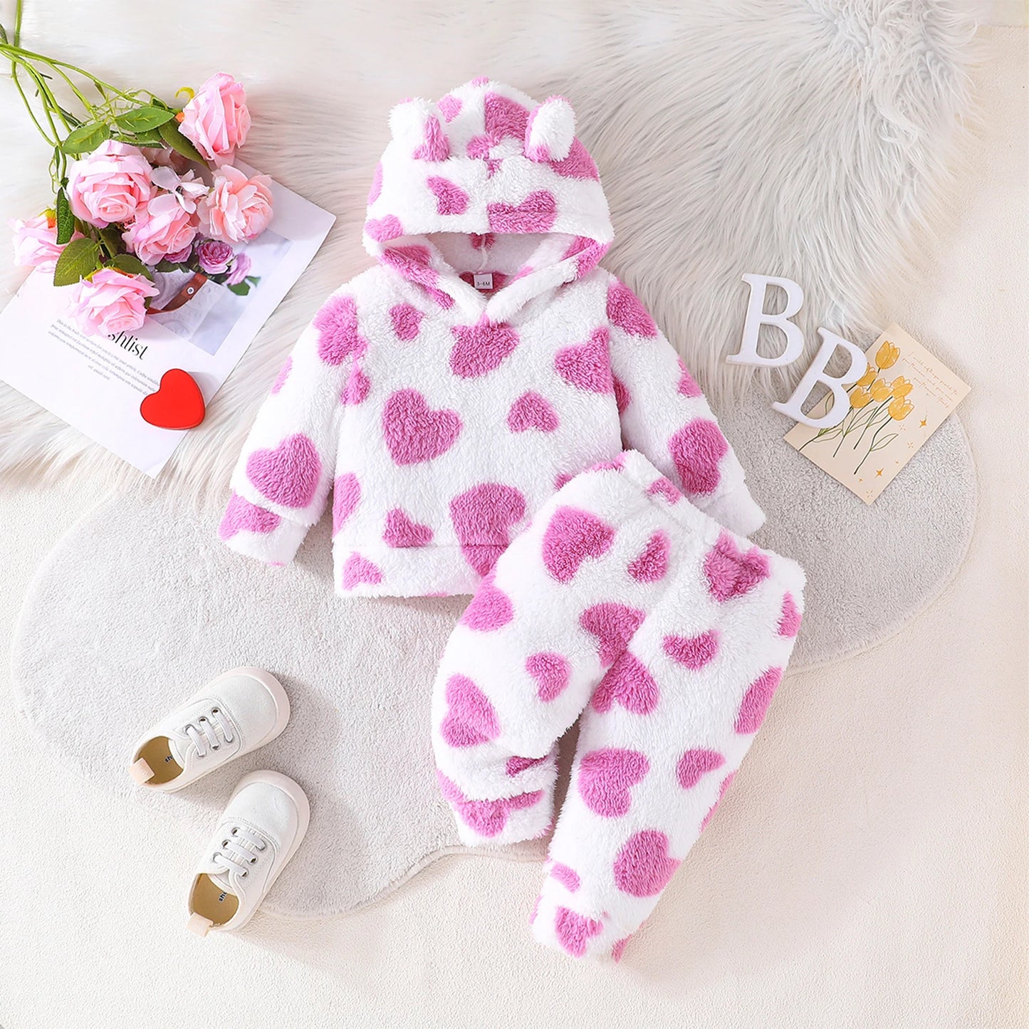 Girls Heart Print Plush Fleece Hoodie Pant Set