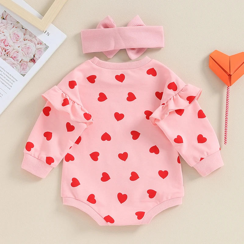 Girls Ruffle Heart Print Bubble Bow Set