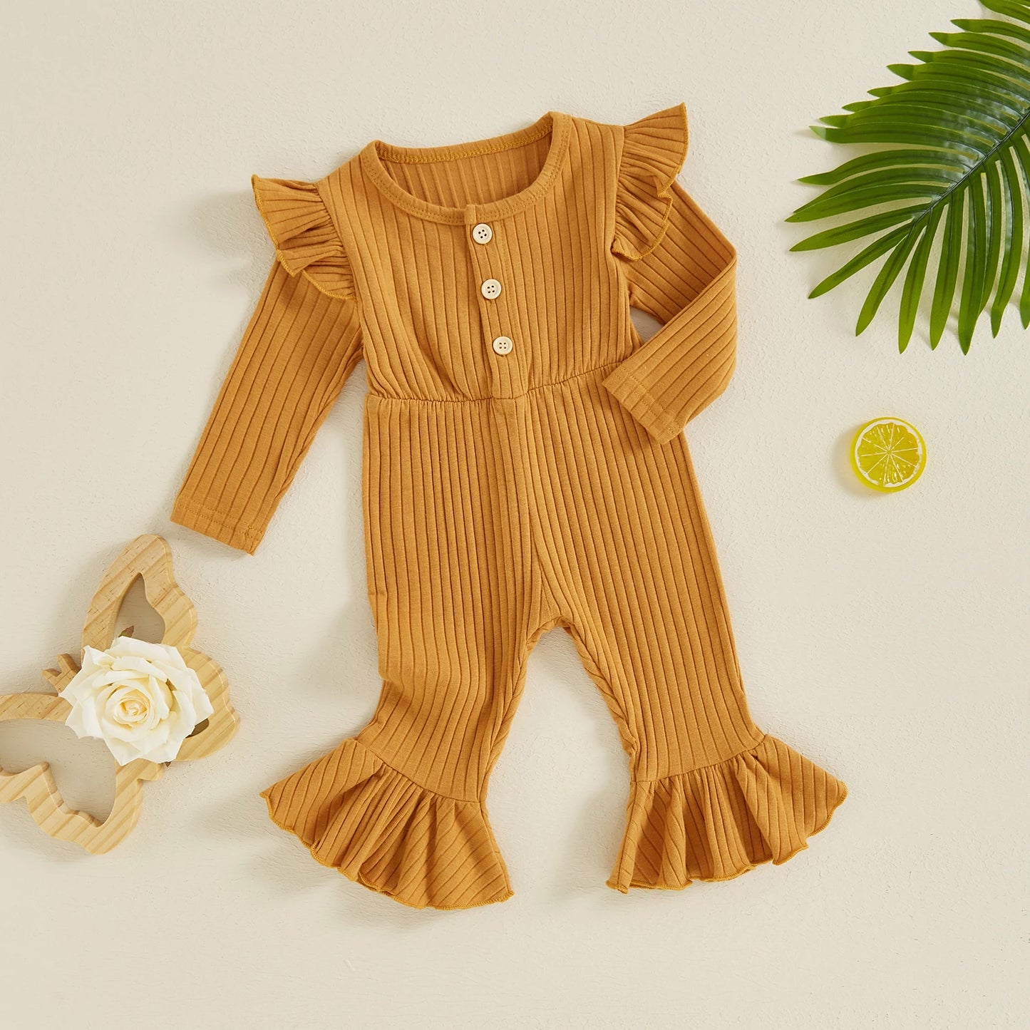 Girls Fall Ribbed Flare Jumpsuits