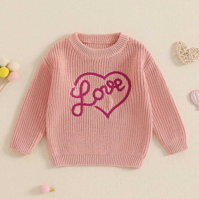 Girls Embroidered Love Script Knit Sweater