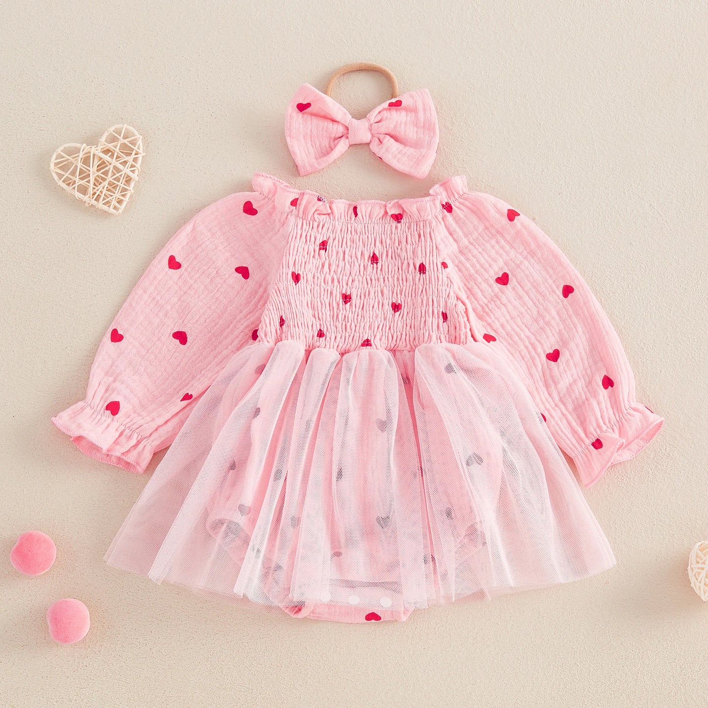 Girls Heart Print Tulle Dress Bow Set