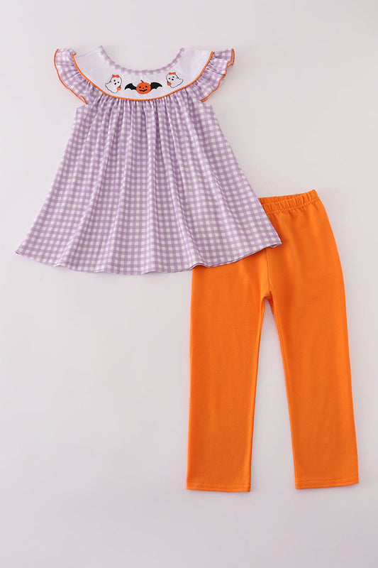 Girls Halloween Pumpkin Ghost Embroidered Pants Set