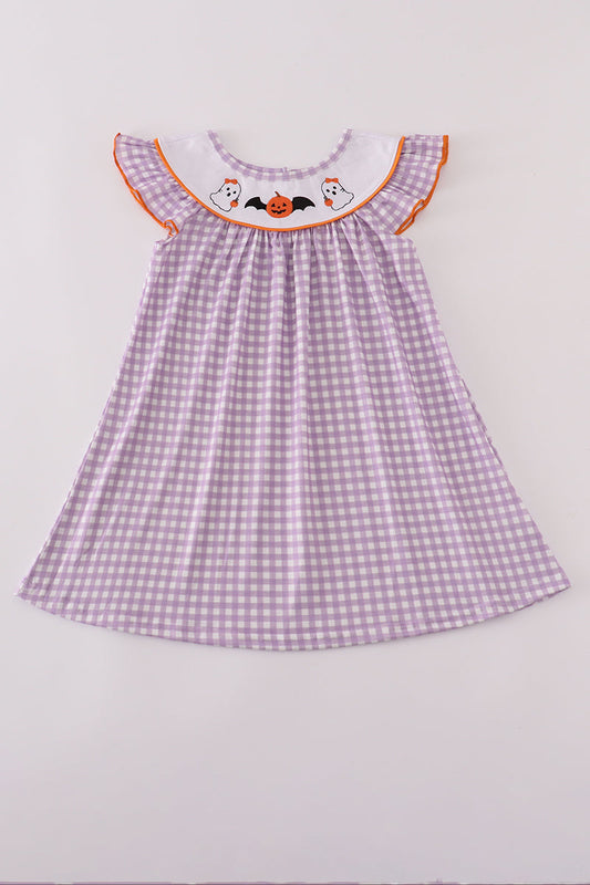 Girls Purple Halloween Pumpkin Ghost Embroidered Dress